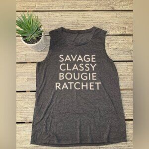 Women's Gray Sleeveless Graphic Top, Loose Fit, Size Medium